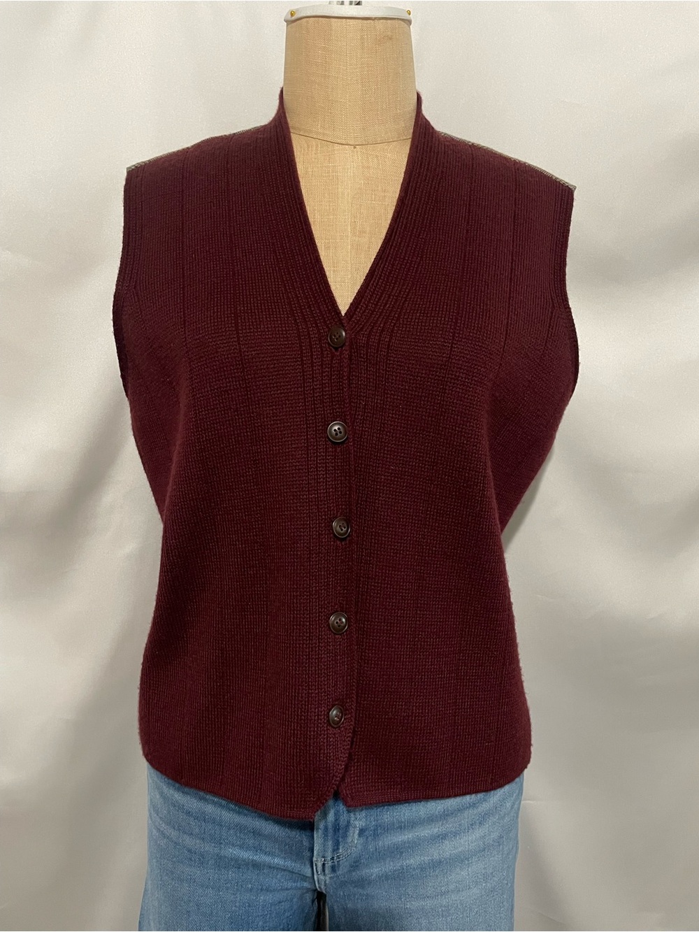 Liz Claiborne Burgundy Knit Plaid Back Sweater Vest Tie Back Women’s Medium